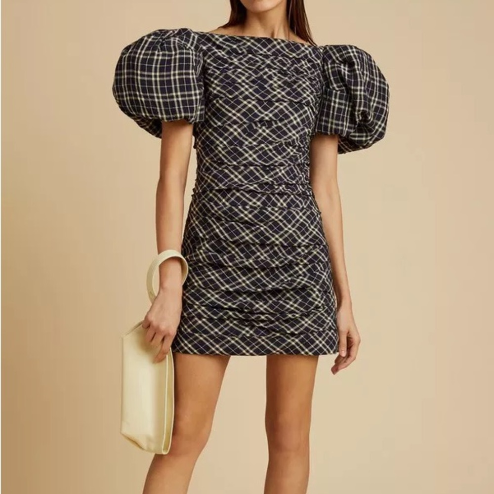 KHAITE Plaid Mini Dress in Navy and Cream
